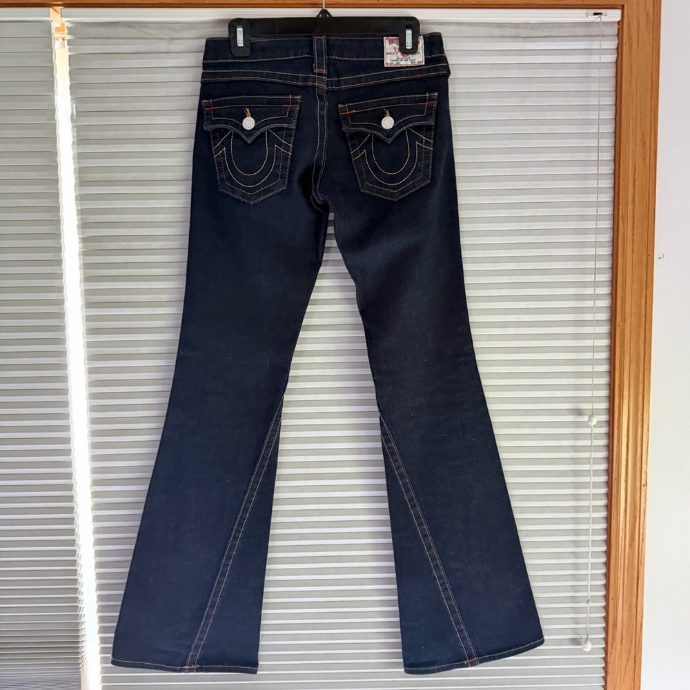 True Religion Dark Indigo Flare Jeans with Contrast Stitching